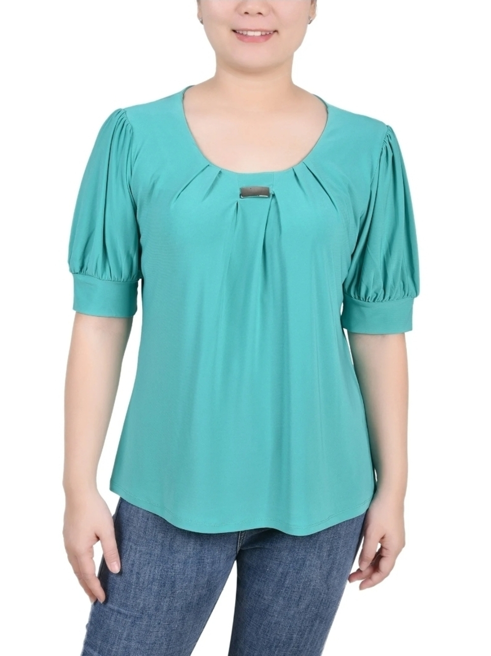 NY Collection Short Sleeve Balloon Sleeve Top With Hardware Blouse 1X/2X